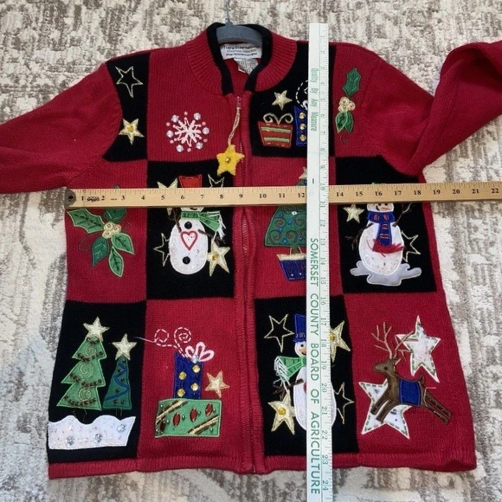 Tiara International Ugly Christmas Sweater Womens Small Zip Cardigan Applique‎